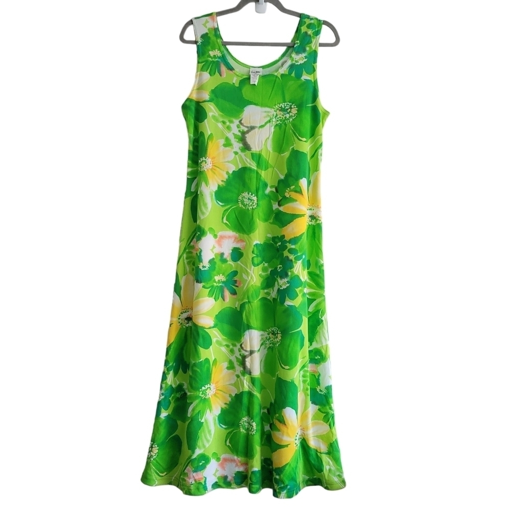 VTG Y2K 90s Medium Floral Sleeveless Midi Maxi Dress Spring Green La Fete USA